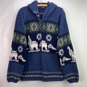 Andean Alpaca Blend Fuzzy Llama Jacket Hooded Zip Up Sweater Blue Fair Isle